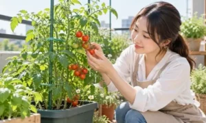 ベランダ菜園でプランター栽培した赤いミニトマトに手を添え、収穫を楽しむ日本人女性の様子。