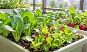 ベランダのプランターで育つ緑色の葉物野菜、ベビーリーフ、赤いラディッシュの家庭菜園イメージ。