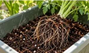 野菜用プランターの土から持ち上がった苗の根鉢と、細かく広がる根の様子を表したイメージ画像。