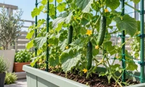 家庭菜園の深型プランターで、支柱とネットにつるを誘引し、緑色のキュウリを育てている様子。