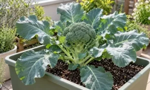 家庭菜園の大型プランターでブロッコリーを1株育て、大きく広がった緑色の葉と中央の花蕾が見える様子。
