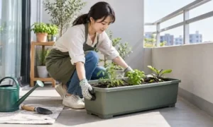 日本人女性がベランダで野菜の苗を植えた大型の長方形プランターを持ち、設置位置を調整している様子。