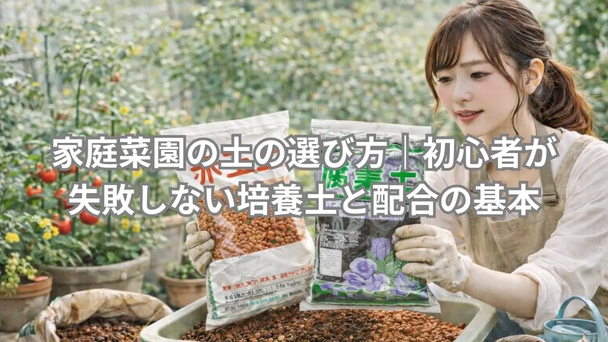 家庭菜園初心者が赤玉土と腐葉土を比較しながら培養土を選んでいる様子