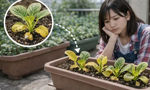 プランターで育てた小松菜の下葉が黄色くなる様子