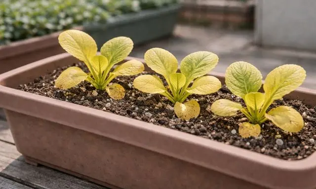 プランター栽培の小松菜が全体的に黄色っぽくなっている様子