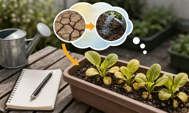 水不足や水のやりすぎで黄色っぽくなった小松菜のイメージ