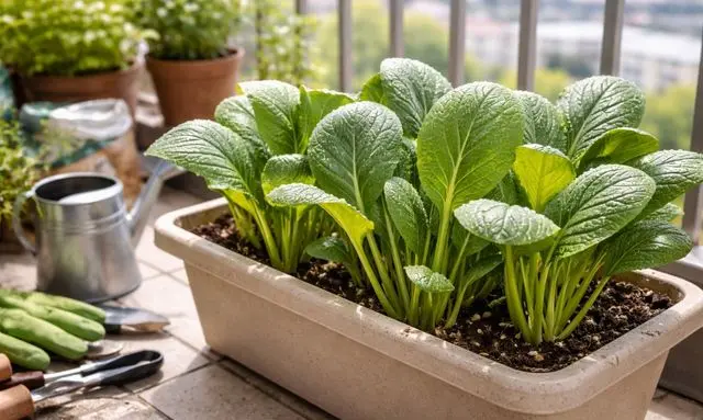 ベランダのプランターで元気に育つ小松菜の様子