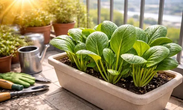 ベランダのプランターで日差しを受けて育つ小松菜の様子