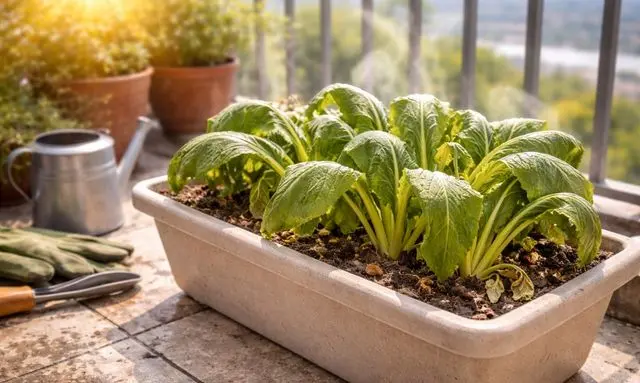 ベランダのプランターで暑さの影響を受けた小松菜の様子