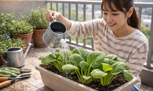 ベランダのプランターで小松菜に水やりをする様子