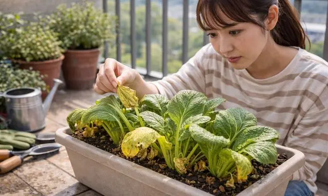 ベランダで育てた小松菜の葉が黄色くなっている様子