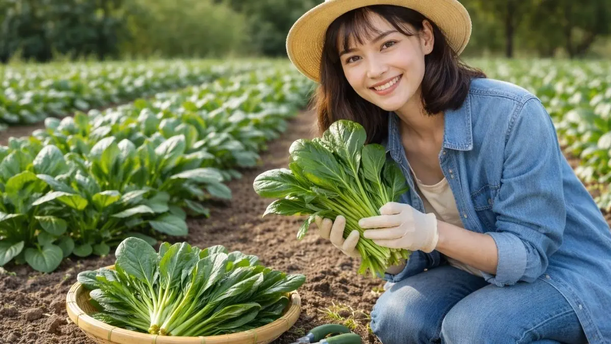 家庭菜園で小松菜を収穫している女性の様子