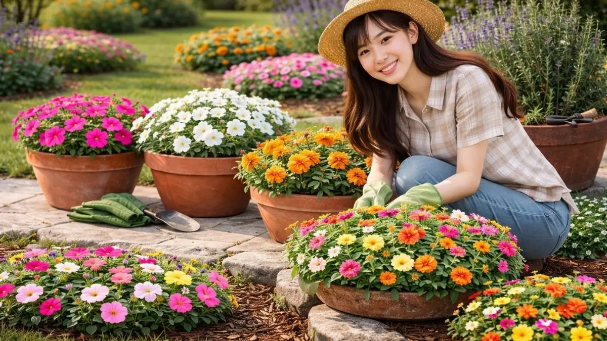 夏の暑さに強い花や植物を育てる日本人女性のイメージ画像。水切れしにくく育てやすい夏の花壇と鉢植え