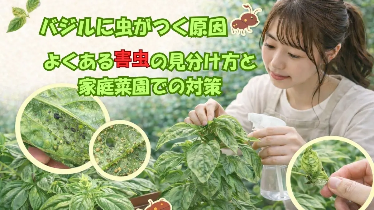バジルに虫がつく原因を調べる家庭菜園の女性と葉についた害虫の様子