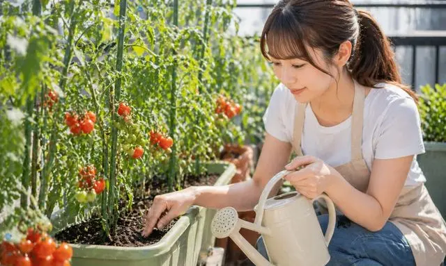 トマトの土の乾き具合を確認する女性｜プランターで水やりのタイミングを判断する様子