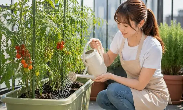 トマトのプランターにたっぷり水やりする女性｜鉢底から流れるまで水を与える様子