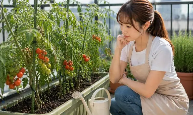 トマトのプランターを見ながら水やりタイミングを考える女性｜土の状態を確認する様子