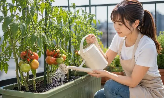 大玉トマトのプランターに水やりする女性｜ベランダで適切な水分管理をする様子