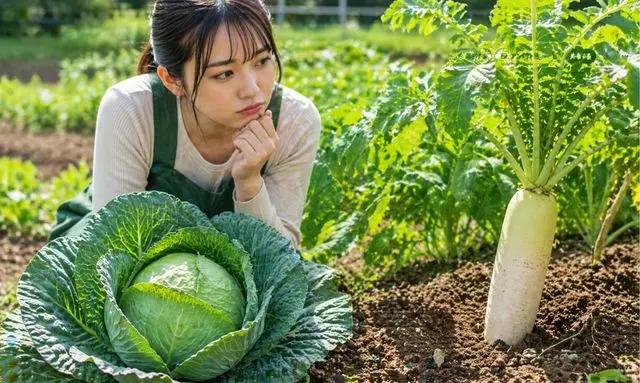 連作障害を防ぐために野菜の組み合わせを考える女性のイメージ