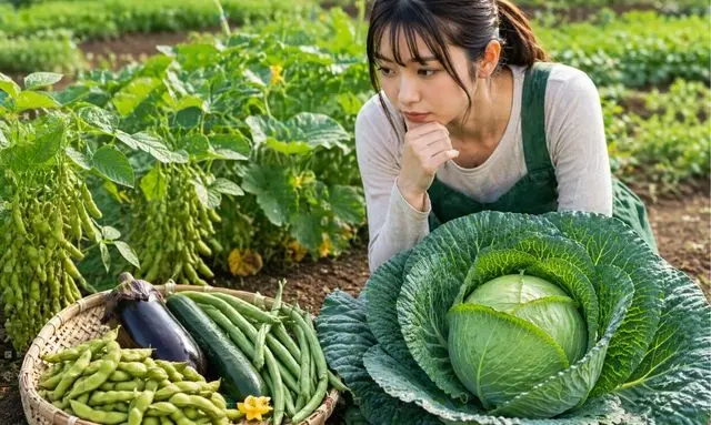 キャベツの前に植える野菜を考える女性とマメ科野菜のイメージ