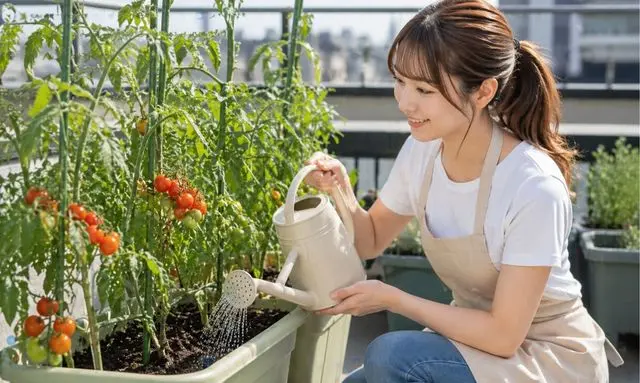 トマトのプランターに水やりする女性｜ベランダでミニトマトを育てる様子