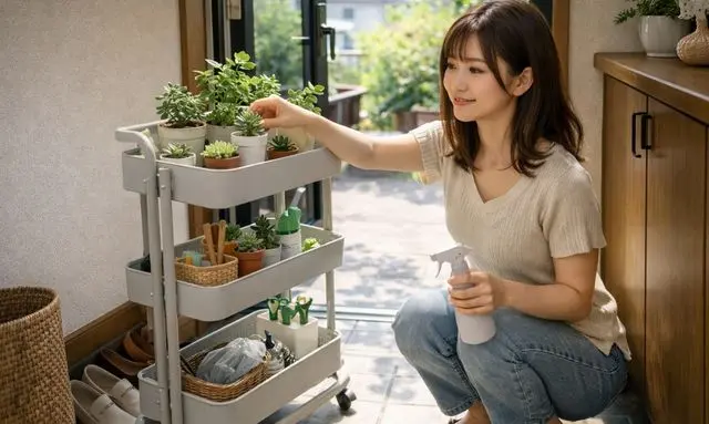 玄関で置きやすく管理しやすい植物を選んで手入れする女性
