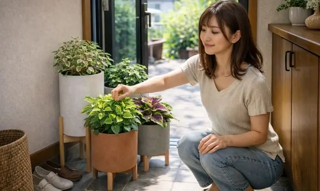 半日陰の玄関で葉色のきれいな観葉植物を手入れする女性