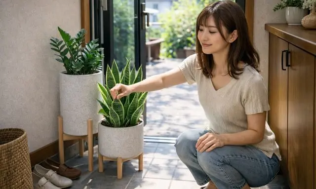 乾燥しやすい玄関に置いた水切れしにくい観葉植物の管理風景