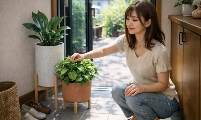 玄関で丈夫で姿が乱れにくい植物を手入れする女性