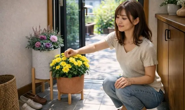 玄関で季節の花や植物を入れ替えながら楽しむ女性