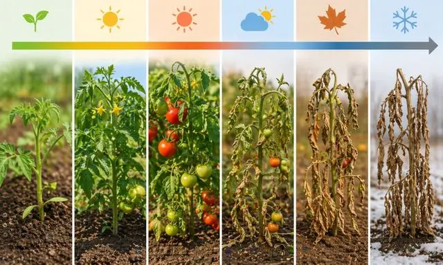 トマトの成長から枯れるまでの時期別変化と原因の違いを示した画像