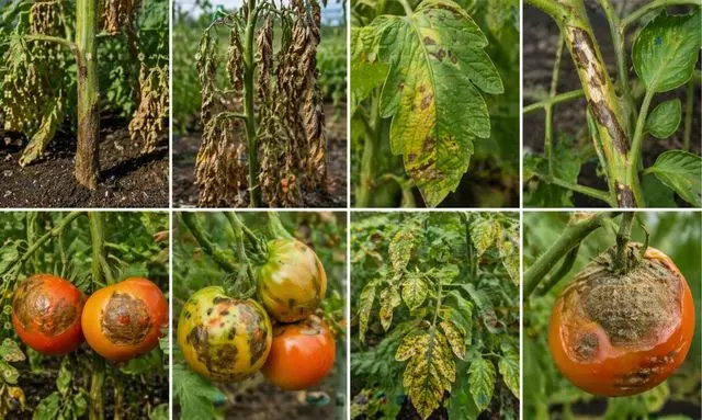 トマトの肥料不足による葉の黄化や枯れ、実の異常などの症状を比較した画像