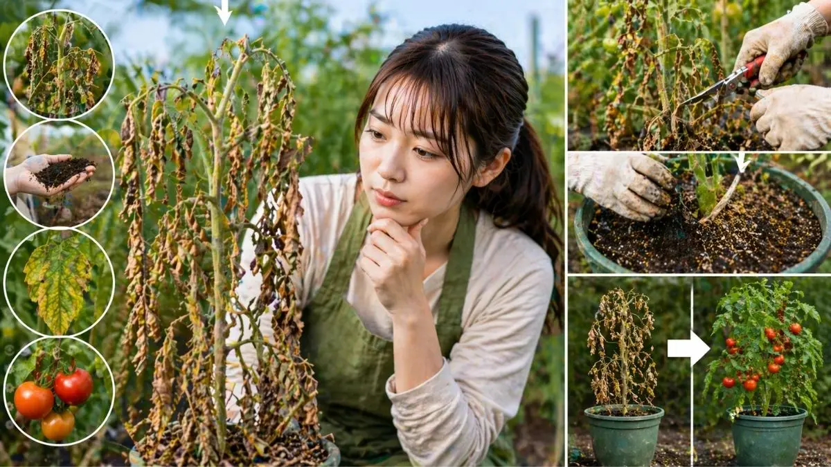 枯れかけたトマトの株を確認する女性と復活後の元気な株の変化が分かる画像