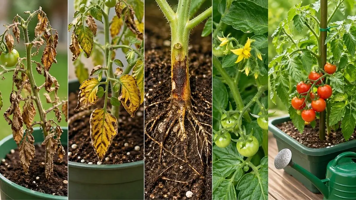 枯れかけたミニトマトの株と元気に育ったプランター栽培の比較画像