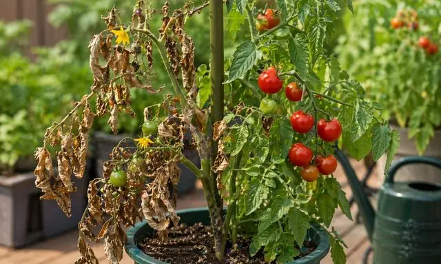 枯れたミニトマトと元気なミニトマトの状態を比較したプランター栽培の画像