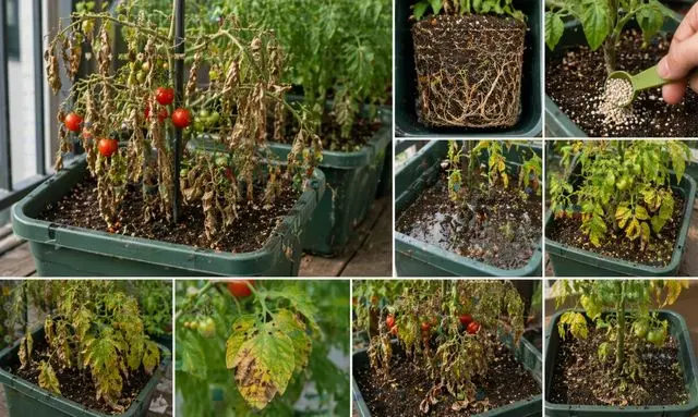 プランター栽培で枯れたミニトマトと根詰まりや過湿状態の様子を比較した画像