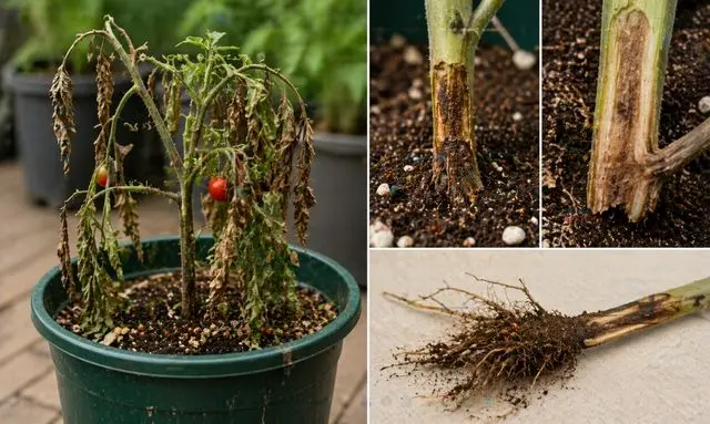 根元が傷んで枯れたミニトマトと根の状態を確認しているプランター栽培の画像