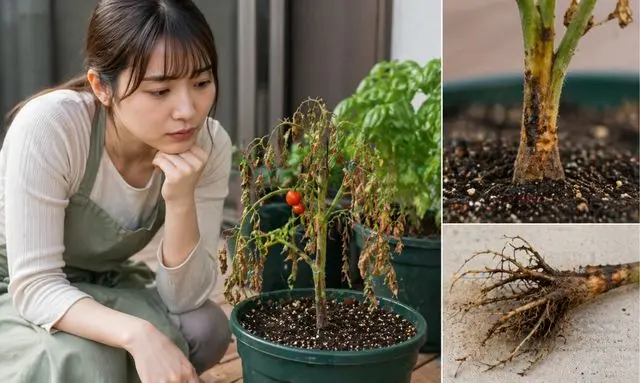 ミニトマトの根元が傷んで枯れた株と根の状態を確認している女性のプランター栽培の様子