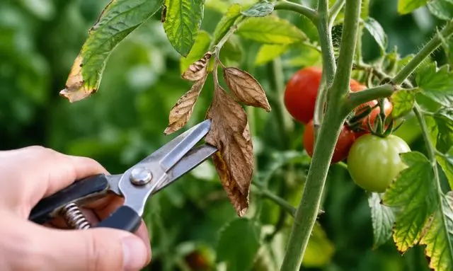 ミニトマトの枯れた葉をハサミで剪定している様子