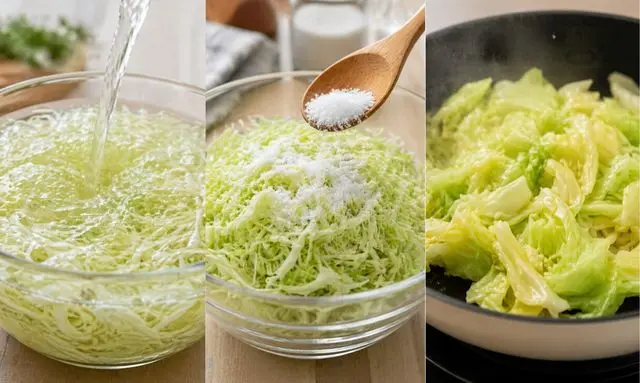 千切りキャベツを水にさらす・塩もみ・加熱する苦味対策の工程