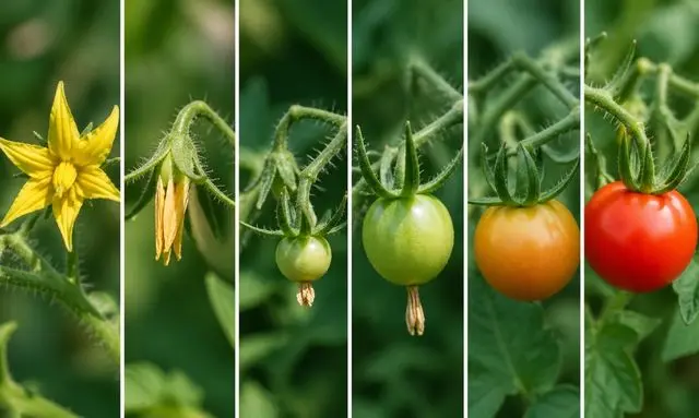 トマトの花から実になるまで何日?成長過程を段階別に解説した画像