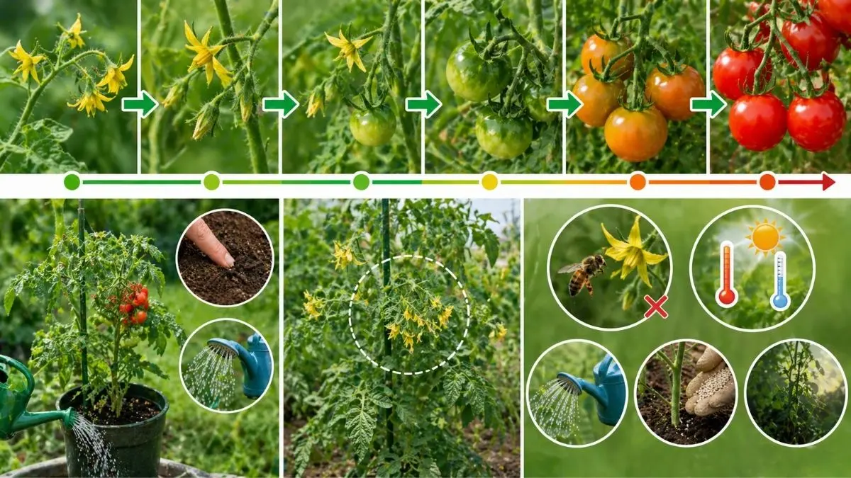 ミニトマトの花から実がなるまで何日？収穫までの日数と実がならない原因を図解