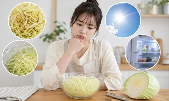 キャベツの千切りが変色する原因を考える女性と茶色くなったキャベツや保存環境のイメージ