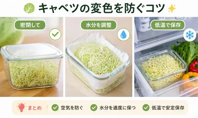 キャベツの千切りがすぐ茶色くなる原因と防ぐ保存方法｜正しい保存のやり方を図解で解説