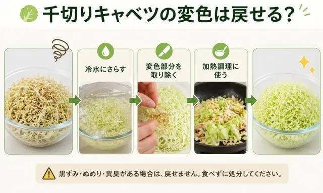 千切りキャベツの変色は戻せる？冷水・除去・加熱で見た目を改善する方法と注意点を図解で解説