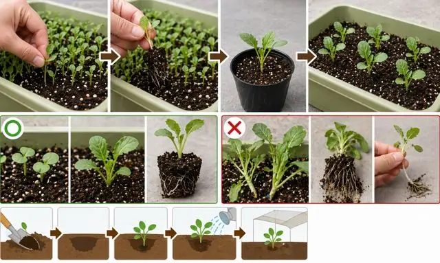 小松菜の間引き苗の移植タイミング｜小さい苗と成長後の違い