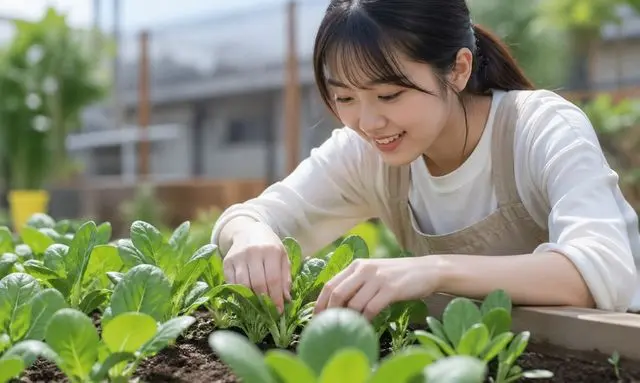小松菜の間引きタイミングを確認する様子｜本葉2〜3枚が目安の育て方