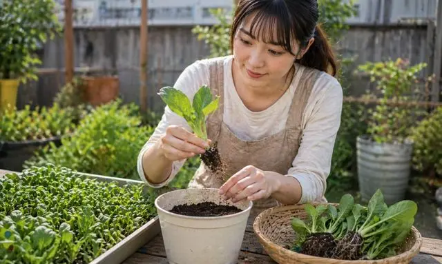 小松菜の間引き苗をプランターに移植する様子｜根を残してやさしく植え替える方法