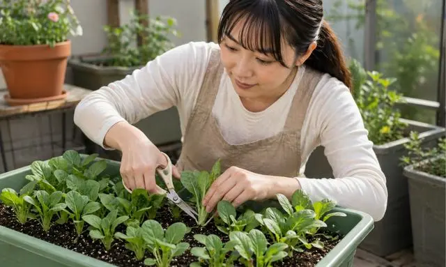 小松菜をプランターで間引きする方法｜密集した苗をハサミで調整する様子