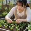 小松菜の間引きタイミングを確認する様子｜本葉2〜3枚で行う育て方のコツ